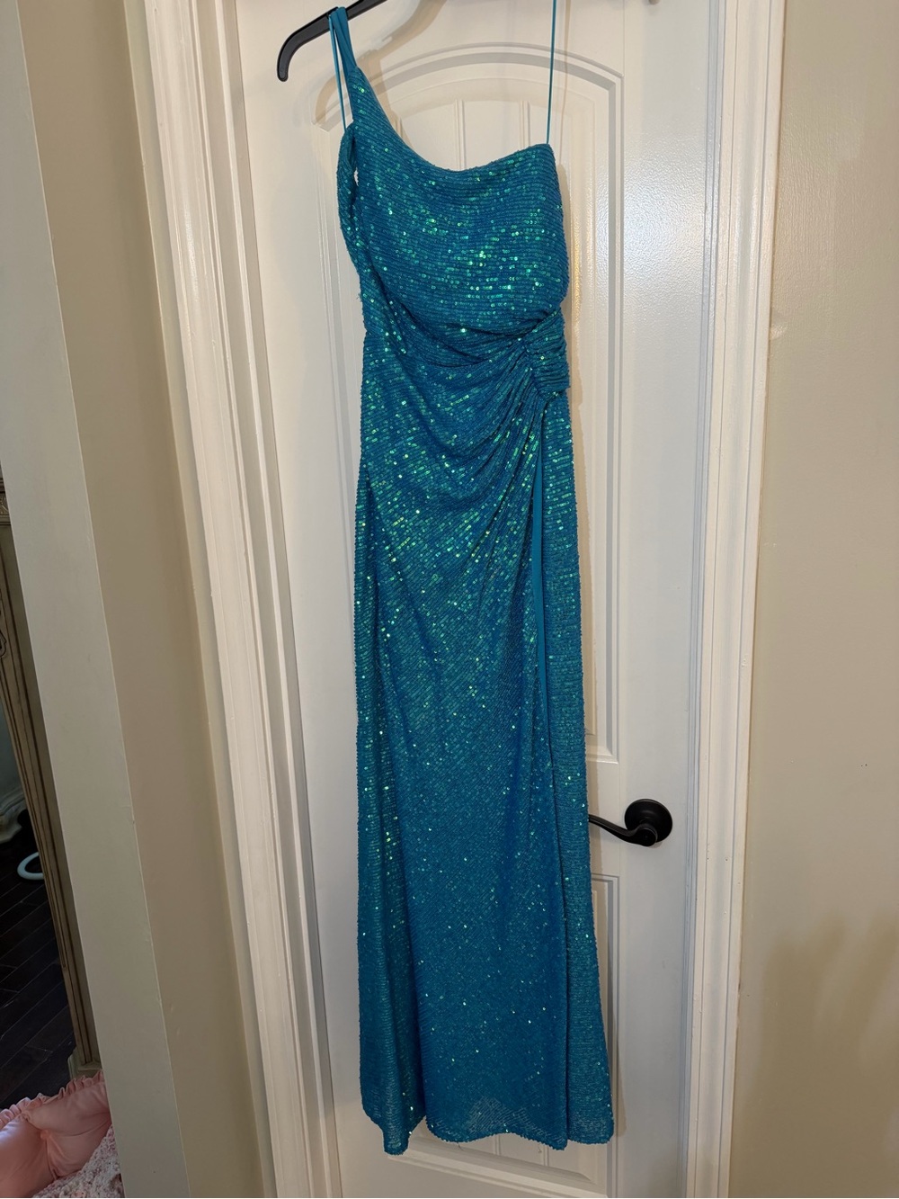 Morgan & Co. Teal One-Shoulder Sequin Gown